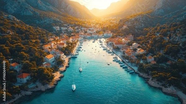 Fototapeta Sunlit coastal town nestled in a valley, boats dotting the calm waters of its inlet.  Golden hour casts warm glow