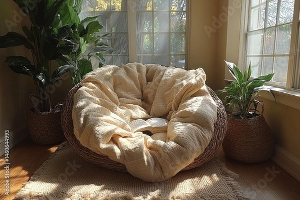 Fototapeta Sunlit corner with comfy chair, plants, and open book. Cozy reading nook