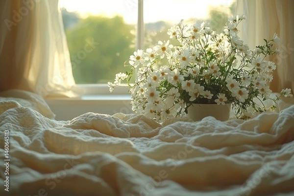 Fototapeta Sunlit daisies in a pot rest on a cream linen bedspread by a window