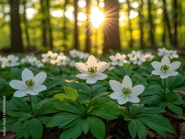 Fototapeta Sunlit forest floor adorned with delicate white blossoms, creating a serene and peaceful ambiance