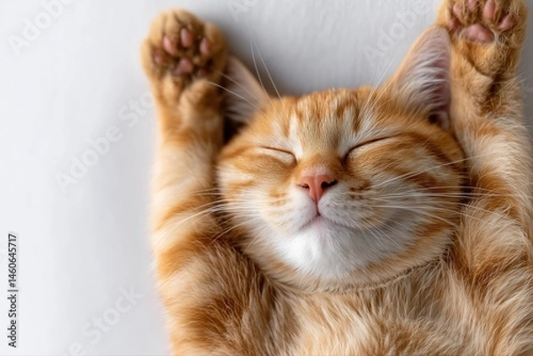 Obraz A cute orange cat lies on its back, paws up in the air and sleeping on white sheets, with a cute expression, fluffy fur, and a light pink nose.  Beautiful white studio lighting