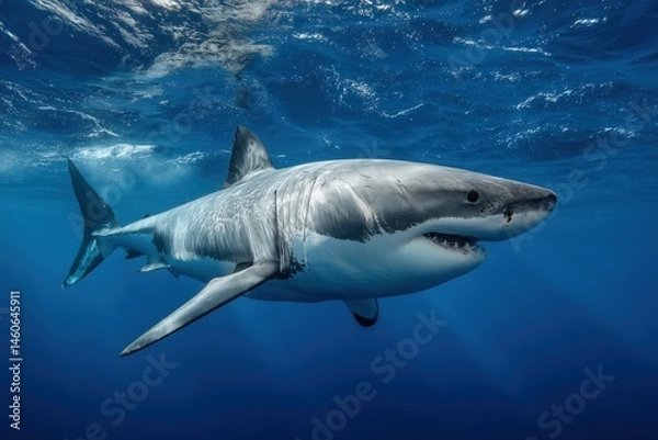 Obraz A great white shark, captured in a full-body shot with its head pointing towards the camera and swimming in beautiful deep blue water with sun light shining through the surface