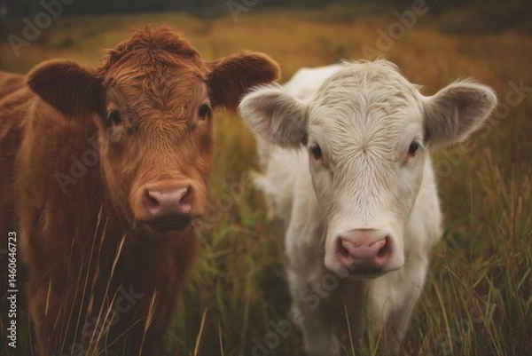 Obraz A photo of two cows in the grassland, with warm colors and sunset light shining on them. The cows are brown, white, or beige in color. 
