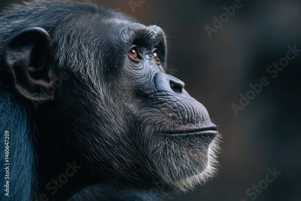 Obraz Portrait of a chimpanzee with copy space on the right side, on a dark background. Wide banner for advertising and pet shops. 