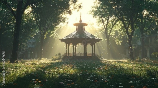 Fototapeta Sunlit gazebo nestled in a vibrant, flower-filled garden, surrounded by trees casting dappled light