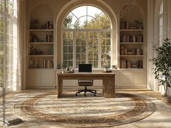 Fototapeta Sunlit home office with large arched window, bookshelves, and a wooden desk.  Round rug completes the serene space