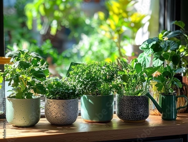 Fototapeta Sunlit indoor herb garden thriving on a windowsill, showcasing various potted herbs in diverse containers