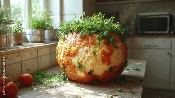 Fototapeta Sunlit kitchen counter displays a large, round baked good topped with various herbs, alongside tomatoes and scattered greenery