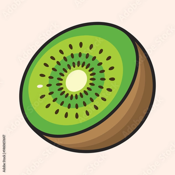 Fototapeta A vibrant illustration of a juicy kiwi fruit slice showing its bright green flesh and tiny black seeds in a cartoon style