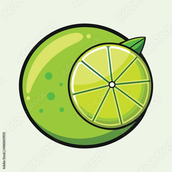 Fototapeta A vibrant illustration of a lime fruit featuring a juicy lime slice alongside a whole lime depicted in a cartoon style with a light green background