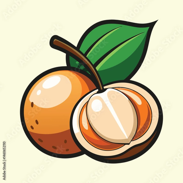Fototapeta Illustration of a whole and a half of a ripe orangebrown tropical fruit with a green leaf