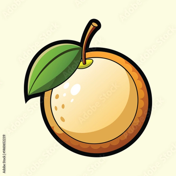 Fototapeta A vibrant illustration of a ripe orange with a single green leaf attached to its stem, depicted in a cartoon style against a pale yellow background