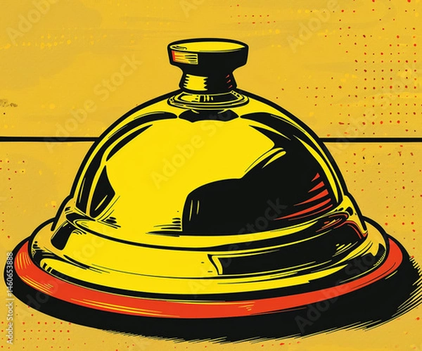Fototapeta Bold comic-style illustration of a shiny reception bell on a dotted halftone background. Ideal for pop culture, hospitality branding, editorial covers, or merchandise.