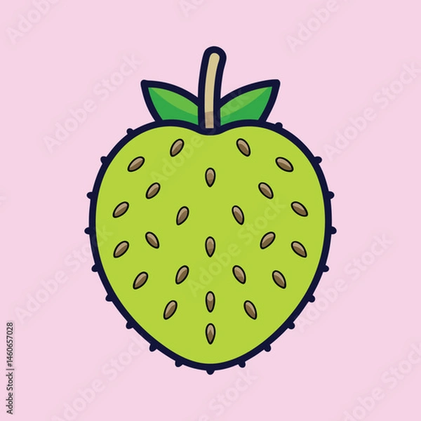 Fototapeta A vibrant illustration of a green cherimoya fruit with numerous dark brown seeds depicted in a cartoon style against a light pink background