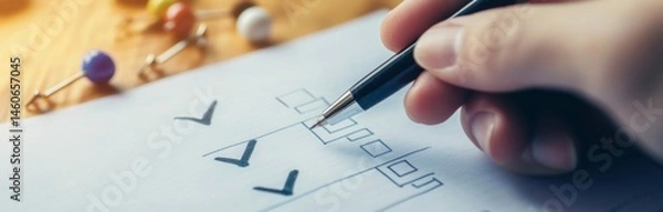 Fototapeta Hand checking off tasks on a checklist