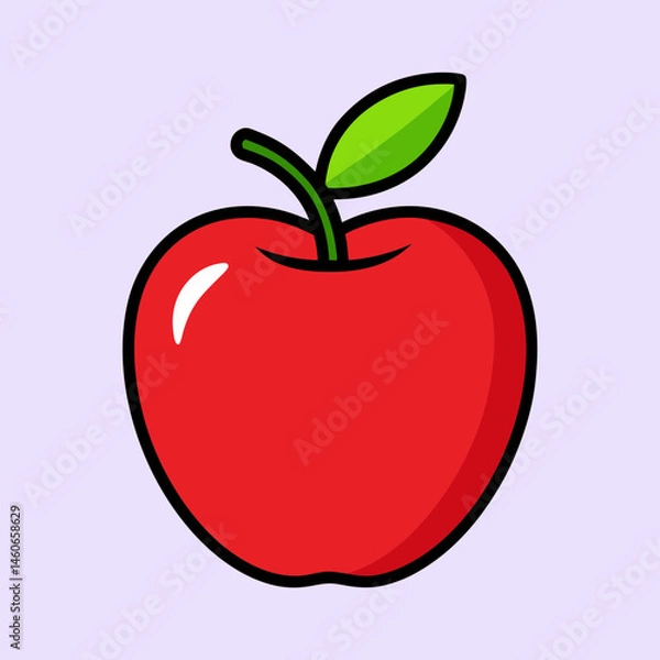 Fototapeta A single red apple with a green leaf illustration cartoon style simple design