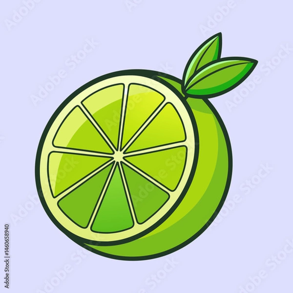 Obraz A vibrant illustration of a lime fruit sliced in half showing juicy segments and bright green leaves
