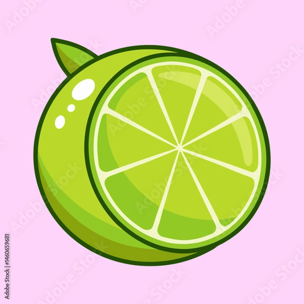 Fototapeta A vibrant illustration of a lime cut in half showing its juicy segments, with a refreshing green hue and a simple cartoon style, perfect for summer drinks and healthy recipes