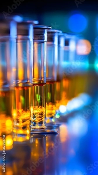 Fototapeta Rows of amber liquid filled glasses
