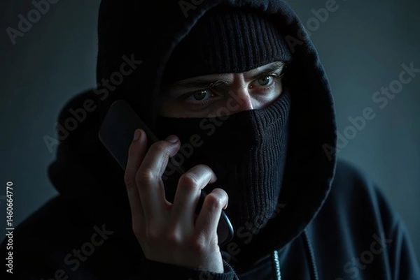 Obraz Close-up of a person in a black mask speaking on a phone.