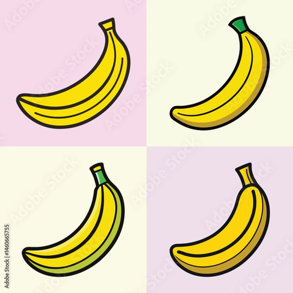 Fototapeta Four Yellow Bananas Illustration in Different Positions Simple Cartoon Style