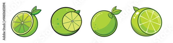 Obraz Four vibrant cartoon illustrations showcasing various lime fruit compositions and angles