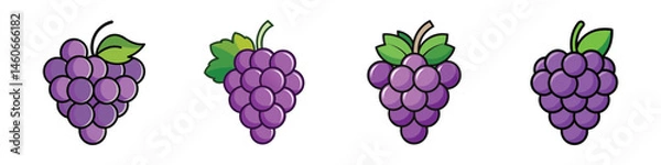 Obraz Four bunches of cartoon purple grapes with green leaves on white background