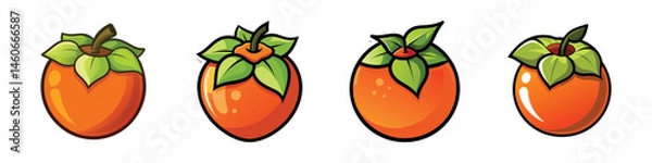 Obraz Four cartoon styled persimmon fruits with green leaves and brown stems