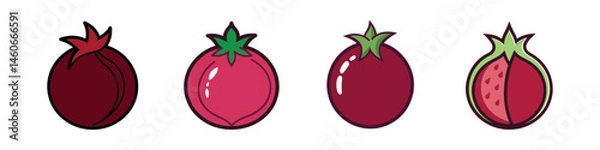 Obraz Four stylized pomegranate fruits in a row isolated on a white background