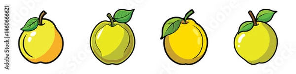Obraz Four Fresh Yellow Apples with Leaves on a Clean White Background