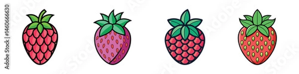 Obraz Four colorful cartoon strawberries on white background in a vector art style