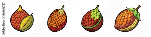 Obraz Set of Four Cartoon Snake Fruit or Salak Fruits with Scales