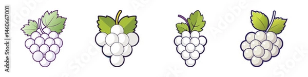 Obraz Four variations of cartoon white grapes with leaves on a white background