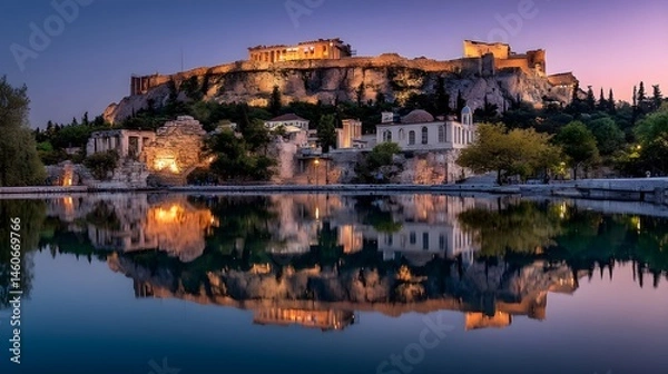 Fototapeta Witness Ancient Grandeur at Acropolis at Twilight Reflecting Golden Light on Marble Ruins Against Dusk Sky