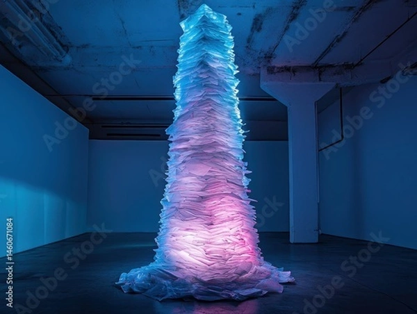 Fototapeta Abstract art installation featuring a towering structure amidst a blue background, creating a striking visual effect.