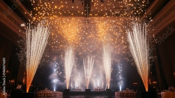 Fototapeta Spectacular indoor fireworks display illuminating a celebratory event