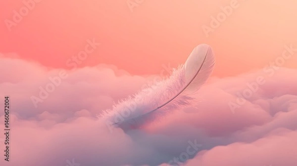 Fototapeta Ethereal feather floating above a soft cloudscape in pastel colors