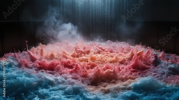 Fototapeta Vibrant water splashes in shades of pink and blue create a dynamic, artistic scene, illuminated by a cascading waterfall.