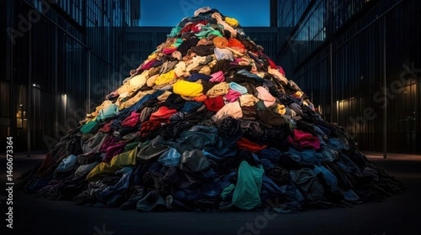 Fototapeta A large pile of discarded clothing in a modern architectural setting, highlighting issues of waste and consumerism.