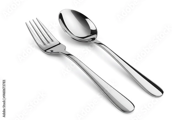 Fototapeta Shiny Spoon and Fork Isolated on White Background
