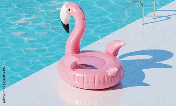 Obraz Pink inflatable flamingo and blue swimming pool on a sunny summer day. 3d rendering