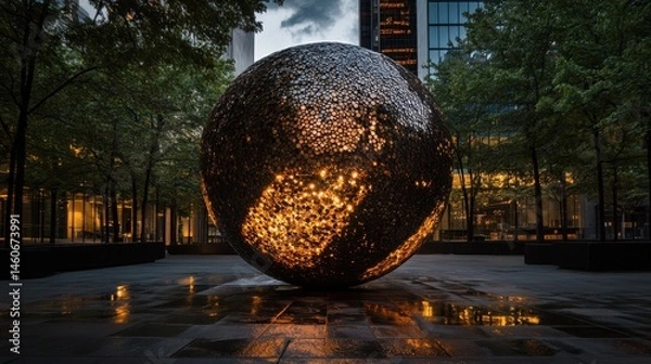 Fototapeta A large metallic sphere reflects its surroundings in an outdoor urban setting, surrounded by trees and modern buildings.