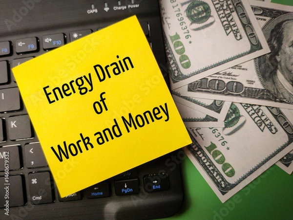 Obraz Black keyboard and banknotes with the word Energy Drain of Work and Money on a yellow sticky note
