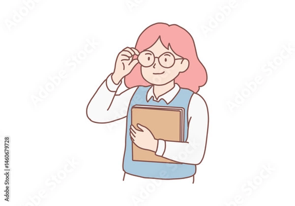 Fototapeta School, education, study, learning concept. Young happy smiling cheerful girl pupil standing with books. Back to school and getting knowledge. Hand drawn style vector design illustrations.