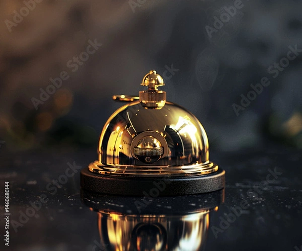 Fototapeta Elegant close-up of a vintage golden hotel bell on a black base, isolated with soft lighting. Perfect for luxury hospitality, travel branding, and editorial content.