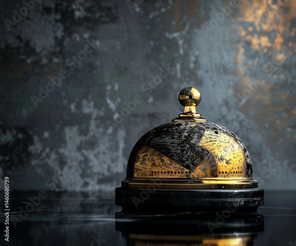 Fototapeta Sophisticated photo of a golden concierge bell on a dark reflective surface with moody lighting. Ideal for editorial, luxury service brands, and promotional materials.
