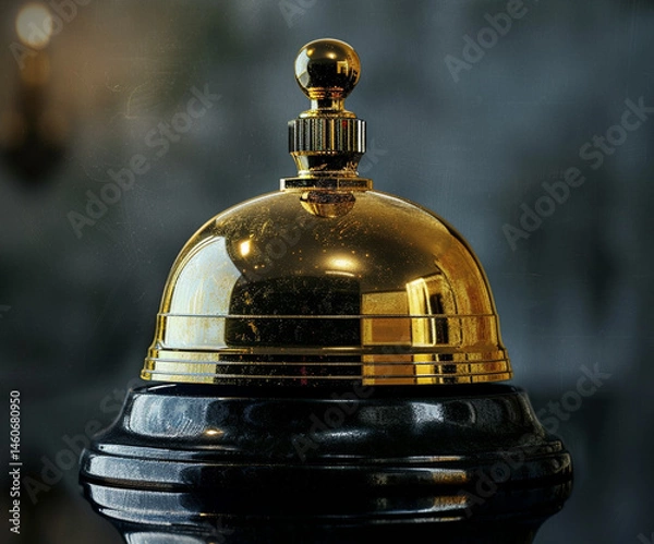 Fototapeta Sophisticated photo of a golden concierge bell on a dark reflective surface with moody lighting. Ideal for editorial, luxury service brands, and promotional materials.