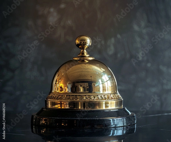 Fototapeta A classic golden reception bell with vintage carvings on a black base, photographed with soft focus and artistic reflections. Perfect for hospitality-themed advertisements and editorial visuals.