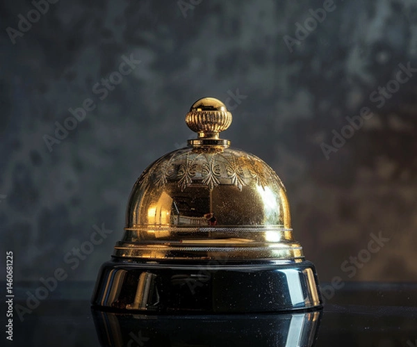 Fototapeta Golden antique-style service bell placed on a polished dark surface with soft reflections. Great for timeless hospitality visuals, branding, editorial, and promotional use.
