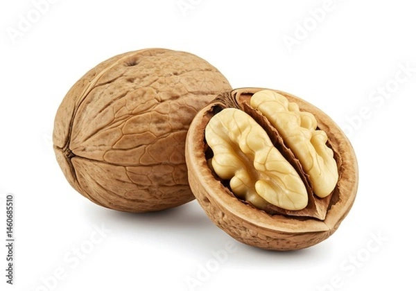 Fototapeta Walnuts Whole and Halved Showing Nut Meat on White